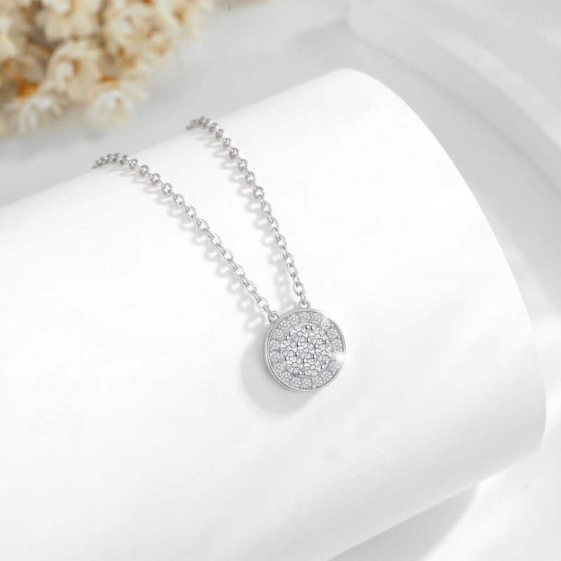 SAVORI 925 Sterling Silver Round Pave Cubic Zirconia Pendant Necklace,