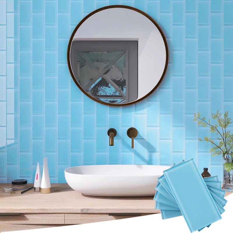 Diflart Blue Glass Subway Tile, 3x6 Inch, 4 Sq.Ft, Glass