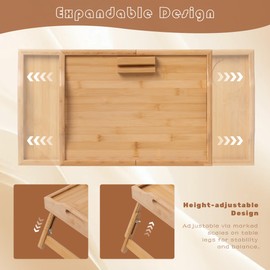 Lavievert Expandable & Height Adjustable Bed Tray Table with 360° Rotating Phone Holder, Bamboo Breakfast Food Serving Tray, Portable Laptop Desk Snack Platter with Handles & Foldable Legs for Bedroom