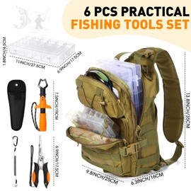 Eccliy 6 Pcs Fishing Tools Kit Tactical Fishing Sling Tackle Bag Backpack Fishing Pliers Kit Tackle Box Fish Lip Gripper Storage Fish Gear and Equipment Fisherman Gift for Men Women(Khaki)