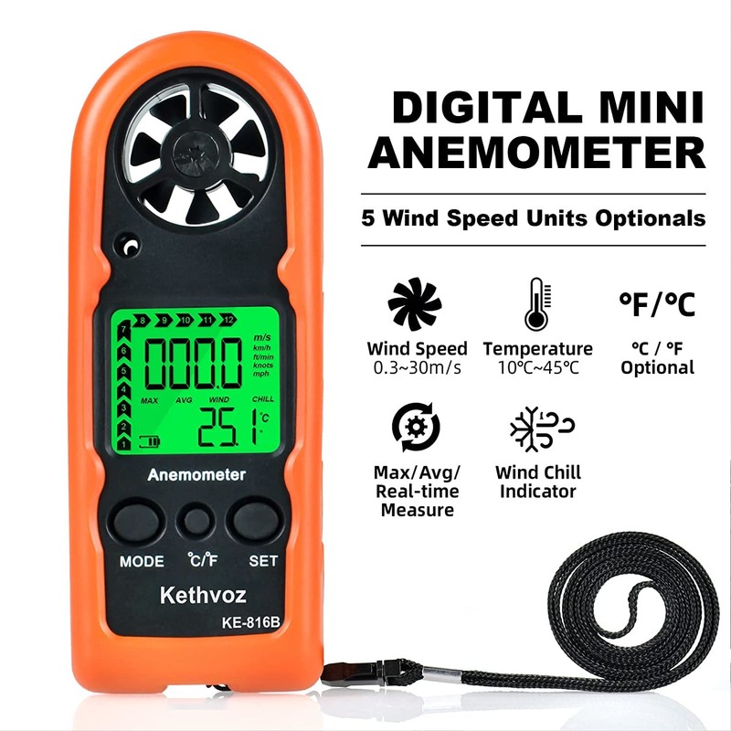 Kethvoz 816B Digital Anemometer, Handheld Wind Speed Meter for HVAC