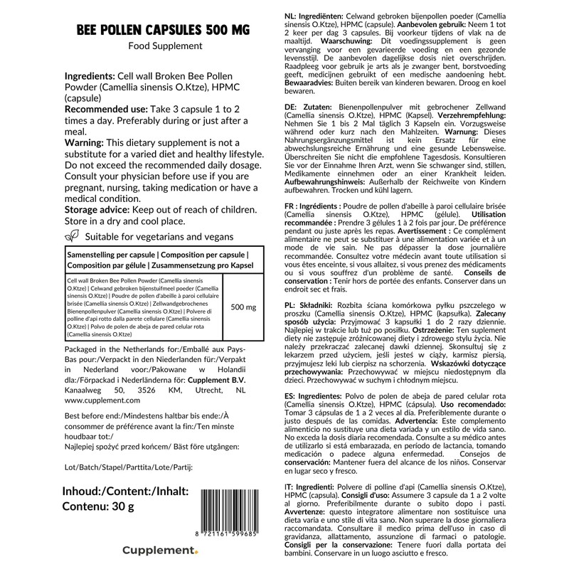 Cupplement Bee Pollen 240 Capsules 98% Extract 500 mg per