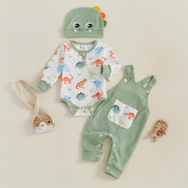 Baby Boy Outfits Infant Clothes Set Dinosaur Print Long Sleeve Romper Overalls Long Pants Cute Dinosaur Hat 3Piece Set (Green, 0-3 Months)