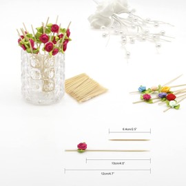 Minisland Hot Pink Rose Flower Cocktail Picks, 4.7 Inch Long Bamboo Fancy Toothpicks for Appetizers, Bridal Shower Wedding Valentines Party Food Drinks Fruit Kabob Skewer Sticks 100 Counts - MSL221