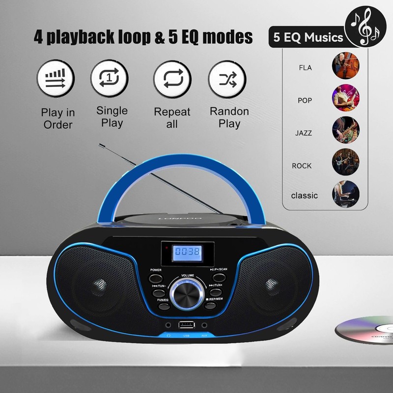 LONPOO Stereo CD Boombox Portable Bluetooth Digital Tuner FM Radio