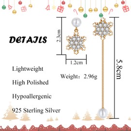 Hasnsofie Silver Christmas Earrings Hanging, 925 Sterling Silver Snowflake Stud Earrings for Women, Hypoallergenic Long Tassel Drop Earrings with Zirconia, Dangle Earrings for Christmas Day, Cubic