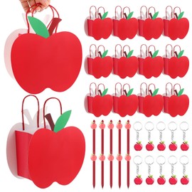 Kolldenn 24 Sets Back to School Gift Include 24 Apple Shaped Paper Bag Bulk, Ballpoint Pen, Acrylic Keychain, First Day of School Gift Bags with Handle for Teacher Appreciation Party Favor