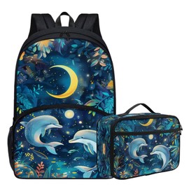 Parprinty Cute Animal Backpack Set for Girls Boys 17 Inch Floral Moon Dolphin Backpack with Lunch Box for Kids Elementary Student Padded Back Lightweight School Bag Green Bookbag