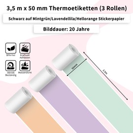 Thermal Paper for T02/M02X/M02L/M02S Mini Thermal Printer, 50 mm x 3.5 m, Premium 20 Years Sticky, Purple/Green/Orange, Ideal for Photo Printing, Study Notes, Journals and More - 3 Rolls