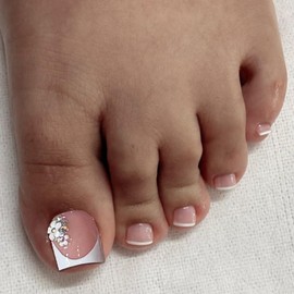 YOSOMMK French Tip Square Fake Toenails Short Press on Toe Nails Glossy Acrylic False Toes Nails Cute Flower Artificial Beach Toenail for Women