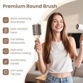 Round Hair Brush Blow Drying Brush Ionic Boar Bristles Anti-Static Round Brush for Hair Drying,Curling & Straightening (Included 4 Clips)