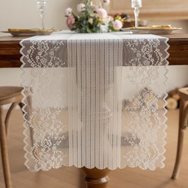 HEAVYWOOD White Lace Table Runner Embroidery Floral Lace Fabric Tablecloth Vintage Wedding Tea Party Table Cover Decor (Stripe, 48'')