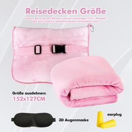 HOSPAOP Travel Blanket Aeroplane, Travel Pillow Blanket 2 in 1, Portable Aeroplane Blanket (127 x 152 cm) with Sleeping Mask and Ear Plugs, Travel Pillow for Train, Plane, Car, Camping, Pink