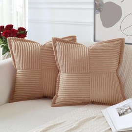 Artscope Corduroy Cushion Covers Pack of 2 Modern Patchwork Throw Pillow Covers Soft Pillowcase Broadside Decorative Textured Cushions for Home decor Sofa Bedroom Couch Light Brown 40x40cm