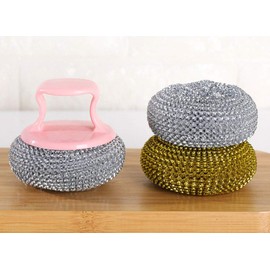 WOIWO 2 PCS Kitchen Cleaning Brush With Handle Can Be Replaceable Pan Brush Multi-Function Does Not Hurt Hand Wash Dishes Brush Cleaning Ball (Handle and Wire Ball Brush Head Color Random)