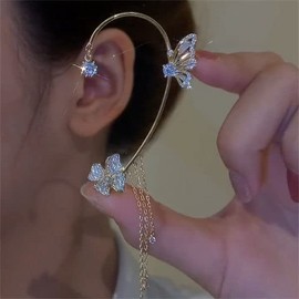 Butterfly Tassel Style Zircon Earrings, Butterfly Flowers Tassel Long Earring, Shiny Zircon No Piercing Butterfly Ear Cuffs Jewelry Gifts for Women (A Pair - Gold)