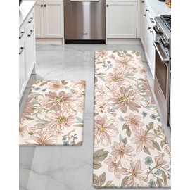 DEXI Kitchen Mats for Floor 2 Piece Set, 17x29+17x59, Cushioned Standing Mat Anti Fatigue, Waterproof Comfort Floral Padded for Laundry Room Office, Pink