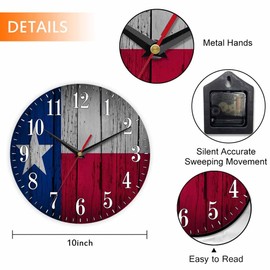 Mxocom Texas State Flag Wall Clock American Red Blue White Star Wooden Aged Wall 10 Inch Silent Non Ticking Battery Operated Clock Vintage Round Clock for Living Room Bedroom Bathroom Office Decor