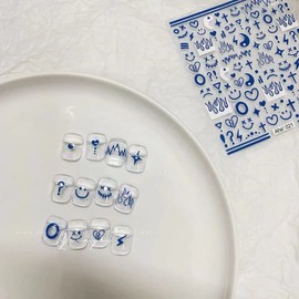 4 Pcs Klein Blue Frame Smiley Face Nail Art Sticker Decal in Minimalist Style Klein Blue Nail Art Sticker Impressionism Line Star Smiley Face Nail Art Decoration for Men and Women (4 Colors)