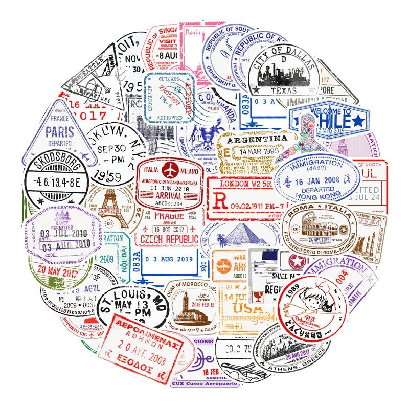 Passport Stamp Stickers, Set of 50, Visa Stamp, Water-Resistant Stickers,