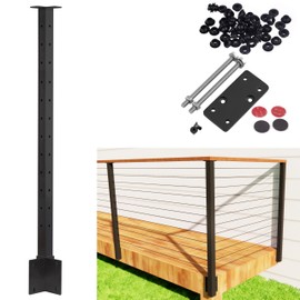 Senmit Cable Railing Corner Post Fascia Mount-Stainless Steel Square Weldless 42"x2"x2" 3 Sides Pre-drilled Side Mount Metal Post for Wood Deck, Black