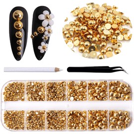 RODAKY 2000Pcs AB Gold Half Pearls for Crafts,Flatback Half Round Pearl for Nails,6 Sizes AB Gold Pearl Beads Rhinestones for Nails Art Design DIY Crafts Jewelry Making Clothe Shoes Decoration