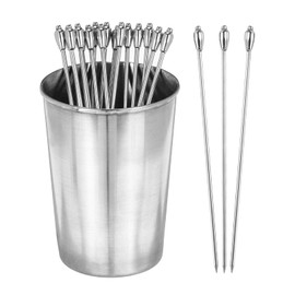 PATIKIL Stainless Steel Cocktail Toothpicks 4.4Inch, 16 Pack Cocktail Picks Reusable Cocktail Skewers with A Storage Cup for Family Gatherings Afternoon Tea Bars, Silver