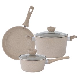 Lorren Home Trends Cookware Set, Beige Granite, Non-Stick Coating, 10-Inch Fry Pan, 5-Quart Stock Pot with Glass Lid, 1.6-Quart Sauce Pot with Glass Lid, 5-Piece