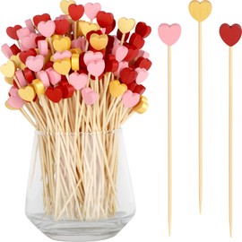 Heart Cocktail Picks, 4.7 IN Toothpicks for Appetizers Food Drinks, Bamboo Fruit Skewers Wooden Charcuterie Sticks, Valentines Galentines Mothers Day Party Decorations Wedding Decor (Red/Pink/Gold)