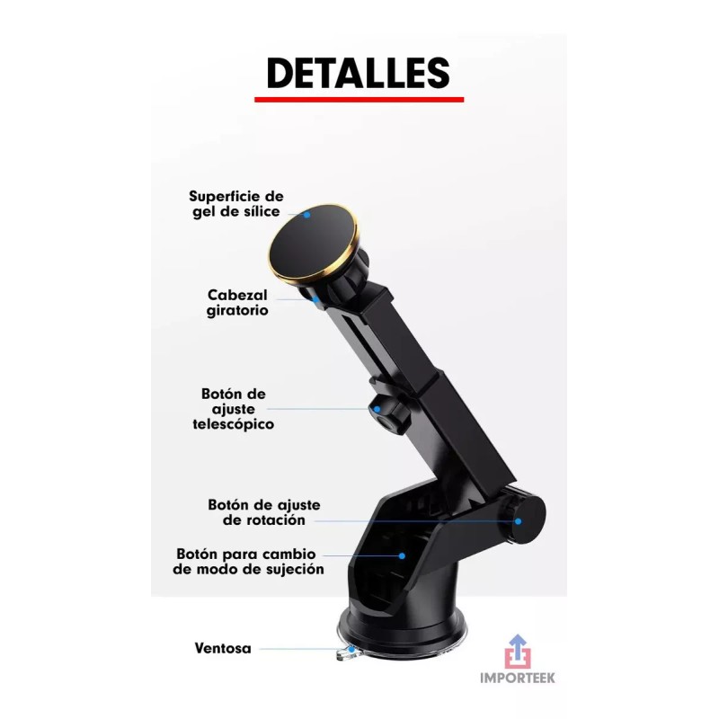 Importeek Soporte Base Celular Auto Tablero Ventosa Magnetico Iman 360