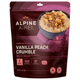 AlpineAire Foods Vanilla Peach Crumble 4.51 Oz Freeze-Dried Dessert, 550 Calories, 10g Protein, Ready-to-Eat, Made in USA, Resealable Pack, 5-Year Shelf Life Perfect for Outdoor Adventures Pack of 1
