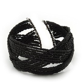 Avalaya Boho Black Glass Bead Plaited Flex Cuff Bracelet - Adjustable