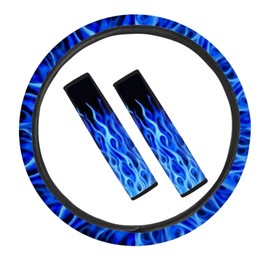 GLENLCWE Blue Flame Car Steering Wheel Cover and Seat Belt Pad Set, 15 Inch Steering Wheel Covers & Seat Belt Cover Shoulder Pads for Women Men