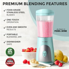 Mueller Smoothie Blender for Smoothies - Personal Blender for Shakes, Frozen Drinks, Baby Food & More, 15oz Travel Cup and Lid, Durable Stainless Steel Blades for Powerful Blending Performance
