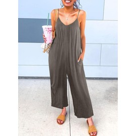 Dokotoo Women's Loose Jumpsuits for Women Adjustable Spaghetti Strap Stretchy Wide Leg Solid One Piece Sleeveless Long Pant Romper Jumpsuit with Pockets Gray Medium