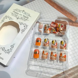 24Pcs Fall Glitter French Tip Press on Nails Short Maple Leaf Fake Nails BMKKOT Fall Press ons Autumn Pumpkin Glue on Nails Thanksgiving False Nails for Women French Acrylic Nails Art Decoration