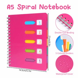 Tikplus A5 Notebook with Dividers, Notebook with Tabs, Spiral Notepad with Dividers, 240 Pages Project Book of 80 GSM Paper, Wirebound A5 Notepad for School, Office, and Home - Pink