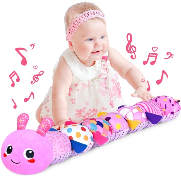 KMUYSL Infant Baby Musical Stuffed Animal Toys for 0-3-6-12 Months, Soft Sensory Toys with Crinkle and Rattles, Tummy Time Toys for Newborn Boys Girls, Caterpillar, Pink