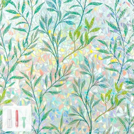 Privacy Window Film, 3D Leaf Rainbow Stained Glass Effect, Static Cling Non-Adhesive - UV Protection & Heat Blocking, Removable for Home, Bathroom Door, Iridescent Decorative Cover (31.5" x 78.7")