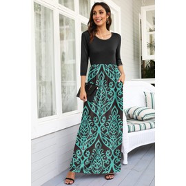 WNEEDU Women's 3/4 Sleeve Casual Loose Long Maxi Dresses with Pocket,Black Green,S