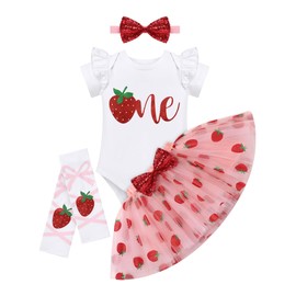 FYMNSI Baby Girl 1st Birthday Outfit Cotton Short Sleeve Romper Tutu Skirt Headband Leg Warmer 4-Piece Set, red, 12 - 18 months