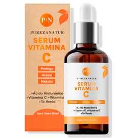 PUREZA NATUR Serum Vitamina C + Ácido hialurónico facial + Vitamina E Suero anti edad hidratante para la cara y piel + Te verde (50ml)