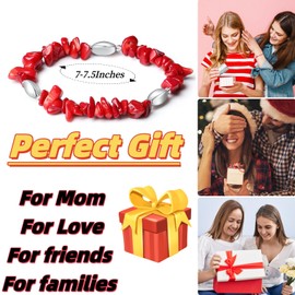 MetJakt Natural Stone Beads Bracelet - Handmade Stretch Bangle with Mixed Crystal Gravel and Elegant Metal Accents for Women and Men (Red Jade, Silver plated)