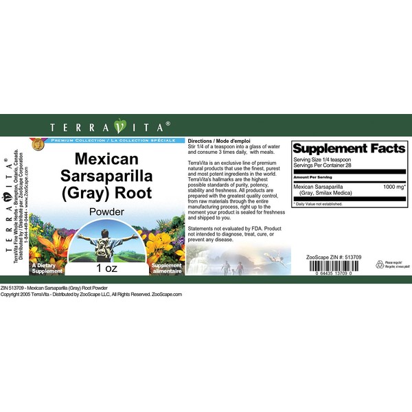 Terravita Mexican Sarsaparilla (Gray) Root Powder (1 oz, ZIN: 513709) - 2 Pack