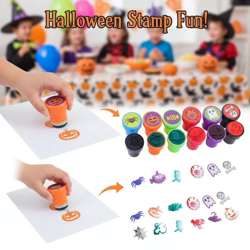 12 Pack Halloween Stamps for Kids, Non-Toxic Cartoon Stamp Set
