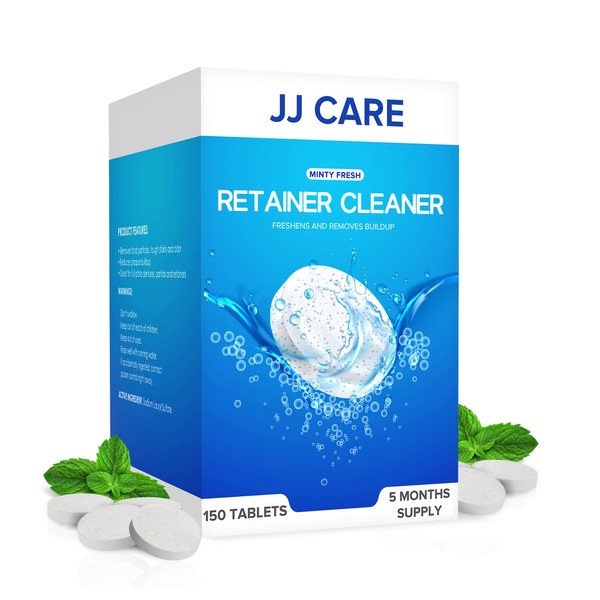 JJ CARE Mint Retainer Cleaner Tablets - 150 Denture Cleaning Tablets, 5 Months Supply of Mouth Guard Cleaner | Remove Stains, and Odor from Night Guard & Dental Supplies with Retainer Cleaning Tablet