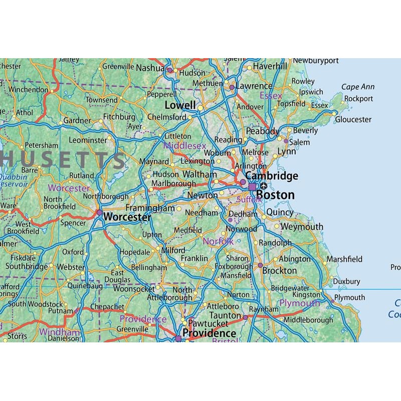 New England Physical Map - 24 x 16 inches –