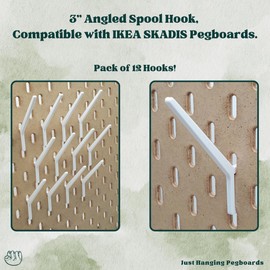 Just Hanging Pegboards 12-Pack Angled Spool Hooks Compatible with IKEA SKADIS – Pegboard Accessories for Thread, Embroidery & Sewing – Craft Room Organizer for Creative Workspaces (Glossy White)