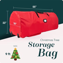 Handy Laundry, Rolling Tree Storage Bag - Storage for 9-Foot Artificial Christmas Holiday Tree. Zippered Bag, Carry Handles & Wheels for Easy Transport. Protects Against Dust, Insects, Moisture, RED