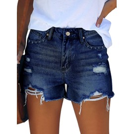 Pink Queen Trendy Ripped Jean Shorts for Women Mid Rise Tummy Control Straight Legs Plus Size Hot Shorts Destroyed Frayed Raw Hem Denim Shorts with Pockets Blue 2XL